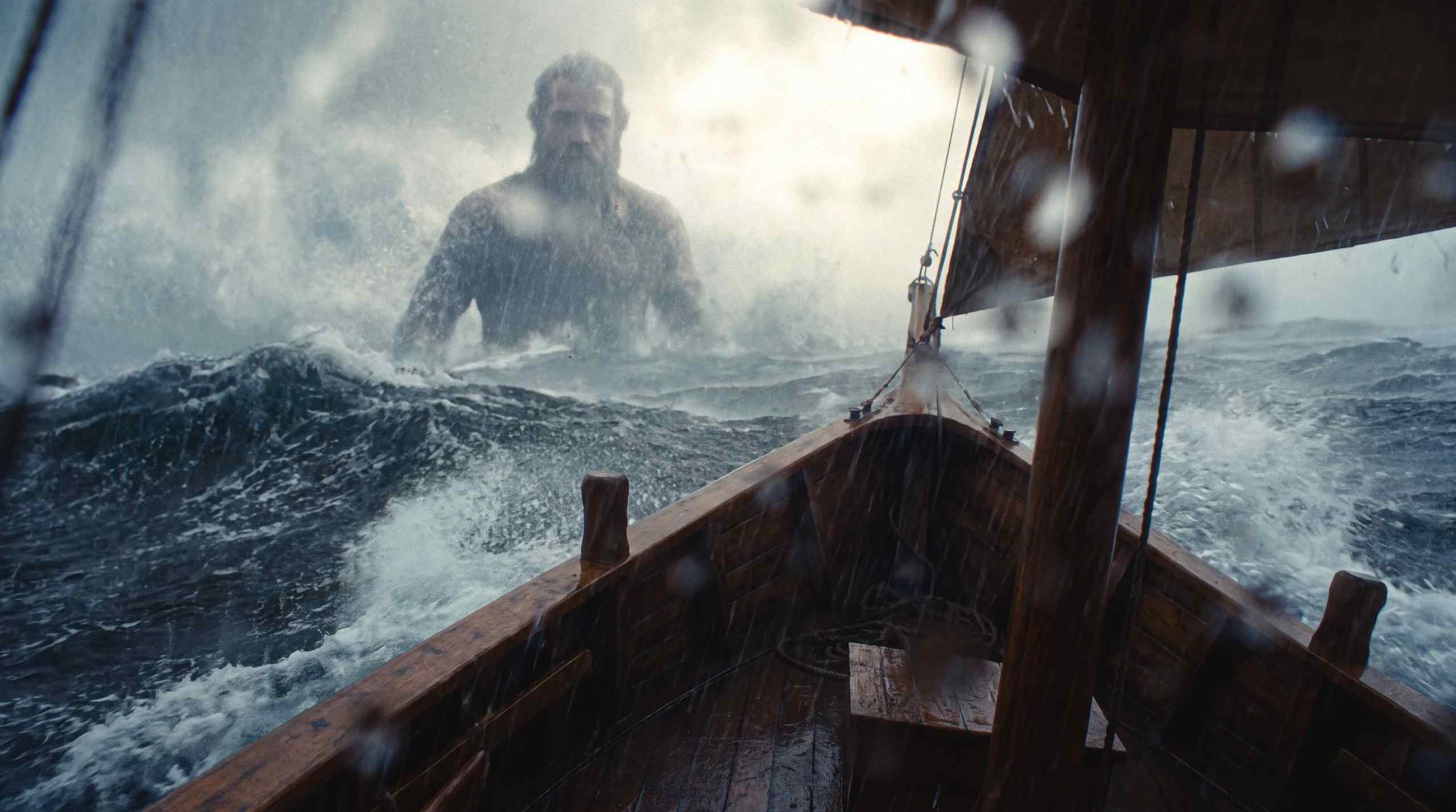 Poseidon overlooking Odysseus' ship in the middle of the a sea storm. 